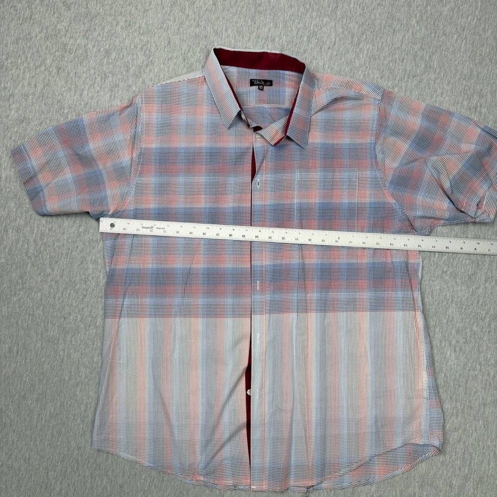 Galaxy by Harvic Mens Short Sleeve Plaid Striped Button Down Shirt Blue Red XL - Picture 2 of 7